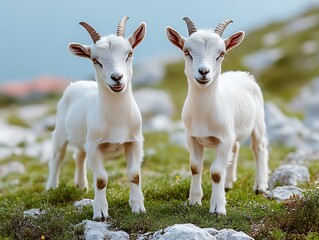 Obraz premium Two White Goats Standing in Mountain Meadow Smiling Brightly