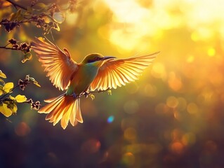 Obraz premium A vibrant bird in flight at sunrise