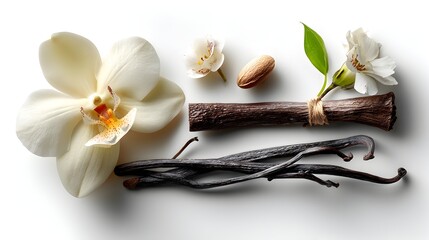 Fototapeta premium A fragrant arrangement of vanilla beans, orchid flower, almond, and blossoms creates a luxurious and sophisticated sensory experience.