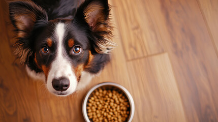 An adorable border collie dog gazing up at the camera with a curious expression, a bowl overflowing with dry pet kibble food placed in front of it on a wooden floor