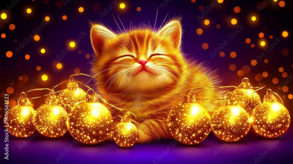 Poster enchanting feline fantasy with golden orbs and sparkling particles creating a magical ambiance on a 
