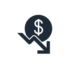 Dollar with arrow moving down. Decreasing profitability, yield. Vector icon isolated on white background.