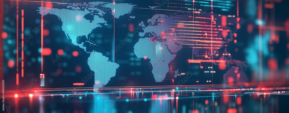 Poster digital world map with data visualization in vibrant colors. global economic trade.