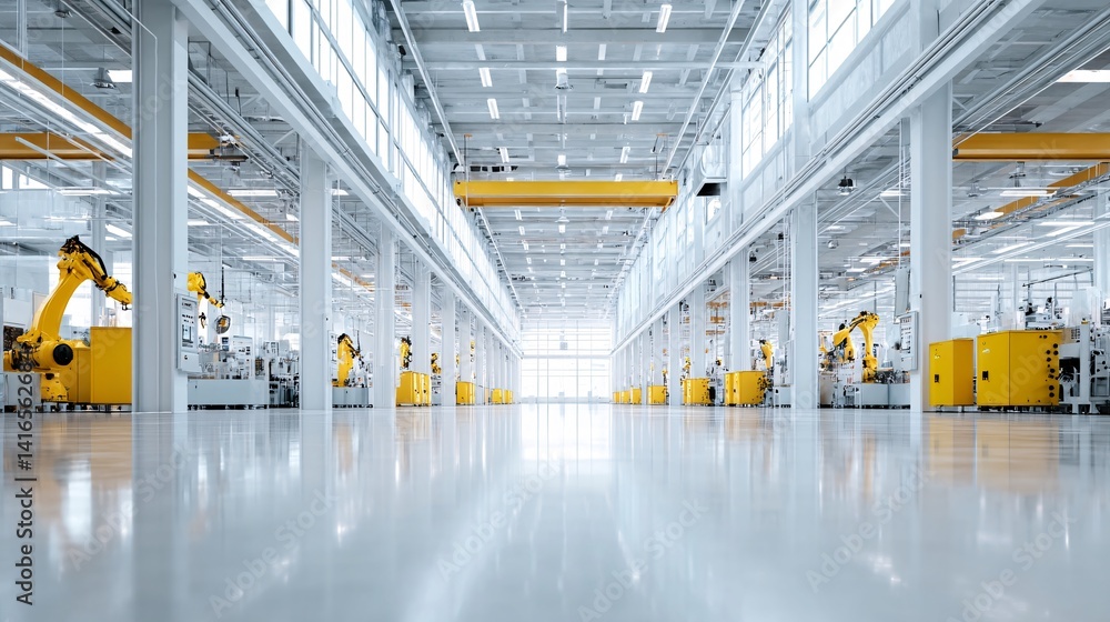 Poster automated factory floor with robotic arms and digital control panels