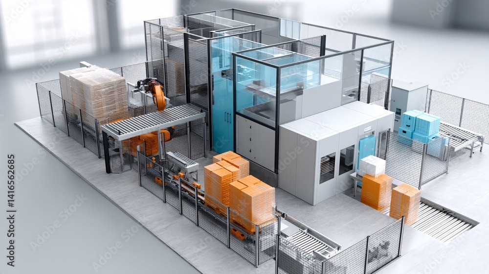 Poster automated factory floor with robotic arms and digital control panels
