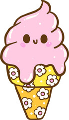 Groovy Summer Cute Pink Ice Cream Cone Illustration