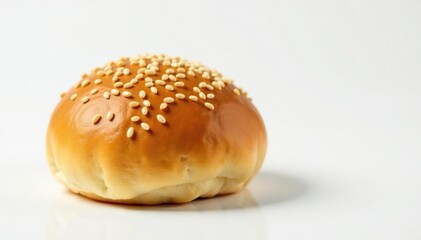 Sesame seed topped bun, slightly shiny surface, white background , single, round