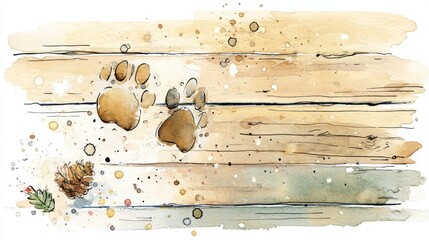Watercolor Paw Prints on Wood Planks Animal Track Illustration Art Design