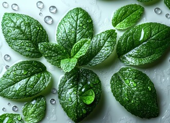 Obraz premium A close up of green mint leaves with water droplets on them. Green energy, Electronics and tech industry, eco-friendly business concept.