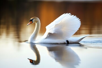 Fototapeta premium A beautiful swan gliding gracefully across the surface of a still lake