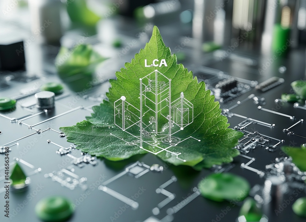 Poster a leaf is on top of a circuit board with the letters lca. green energy, electronics and tech industr