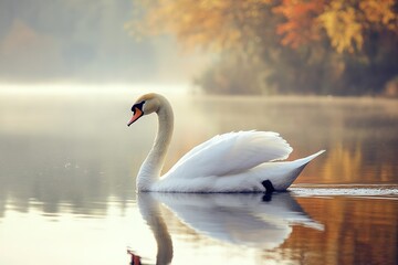 Fototapeta premium A beautiful swan gliding gracefully across the surface of a still lake