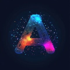 Futuristic Glowing Letter A Design with Intricate Circuitry and Network Connections on Dark Blue Backdrop