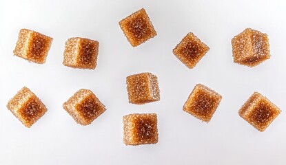 Brown Sugar Cubes on White Background Closeup of Sweet Granulated Candy Treats