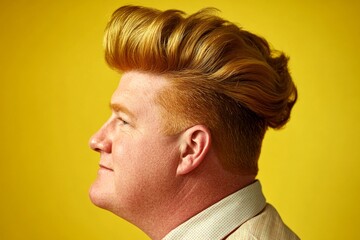 Fototapeta premium Elegant men's low fade haircut - midlife white man with blond hair. A happy and stylish male showing grace. Visual idea of style for aging men. Yellow solid background.