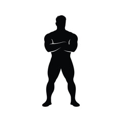 Silhouette of a muscular man standing confidently with arms crossed, isolated on white background. Ideal for fitness, bodybuilding, gym, strength training, and health-related design projects.