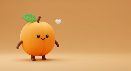 Obraz premium Adorable Orange Apricot Cartoon Character with Heart on Brown Background