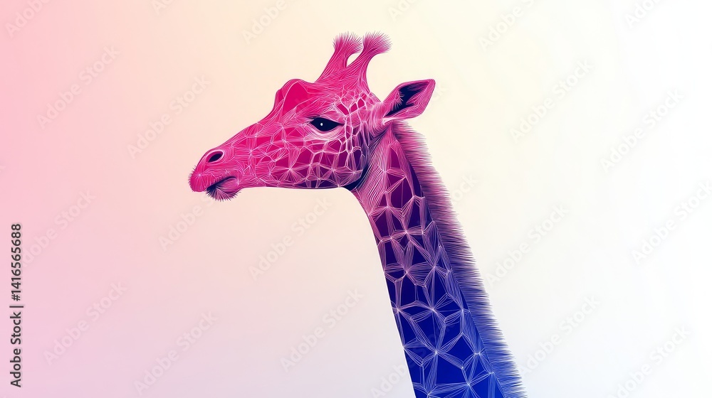 Poster gradient giraffe illustration featuring a pink to blue color transition on a soft white background g