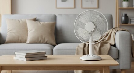 Modern Living Room Interior with a White Desk Fan on a Wooden Coffee Table, Books, and a Comfortable Sofa