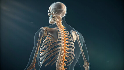 Posterior view of human skeleton with transparent overlay
