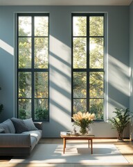 Sunlit Modern Living Room with Grey Sofa and Large Windows