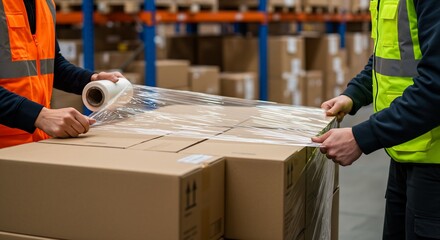 Two warehouse workers wrapping cardboard boxes with stretch film in a distribution center