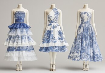 Three Blue and White Floral Dresses on Mannequins