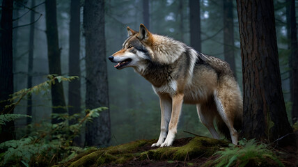 Obraz premium Northern Western wolf A Northern Western wolf with its mouth open, howling or mid-snarl, partially hidden with only half of its body visible,