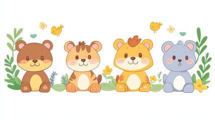 Naklejka premium Pixelated animal friends featuring cute bear tiger and koala characters amidst floral decorations perfect for children's illustrations or designs