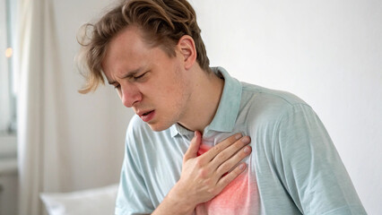 Man clutching chest showing acute chest pain with glowing highlight. Chest pain visual, heart discomfort guide, medical awareness post.