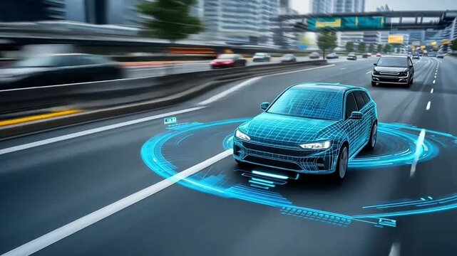 Autonomy on the Horizon: A sleek, self-driving vehicle navigates a modern cityscape, showcasing cutting-edge technology with sensor lines and vibrant interface, symbolizing the future of transport.