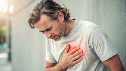 Middle-aged man experiencing chest pain with highlighted discomfort area.
Chest pain concept, heart health, medical distress, discomfort visualization.