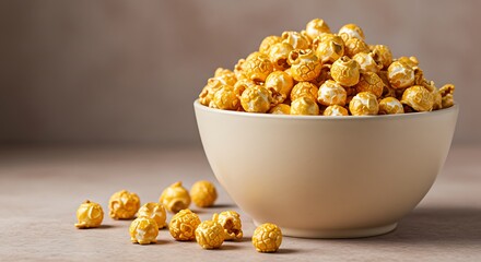Buttery Caramel Popcorn in Beige Bowl on Neutral Background