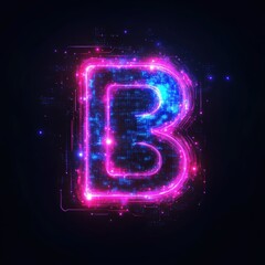 Futuristic Letter B with Glowing Neon Circuitry and Digital Data Streams on a Black Background