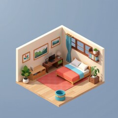 Cozy Modern Bedroom Interior Design Isometric 3D Render of a Small Room with Bed Desk and Plants