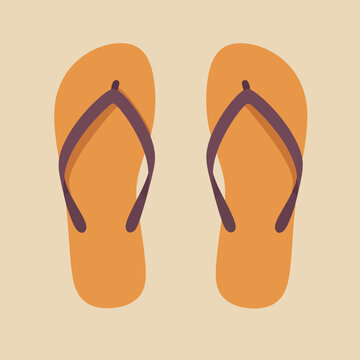 Pair of orange flip flop sandals with brown straps in flat minimal design isolated on beige background vector illustration