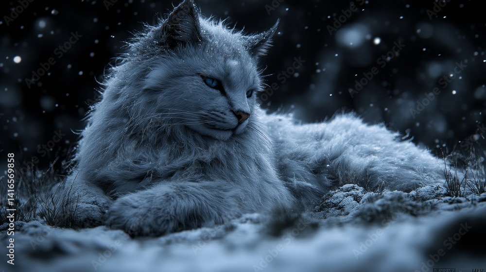 Poster a serene lynx resting amidst softly falling snow illuminated by ambient light casting subtle shadows