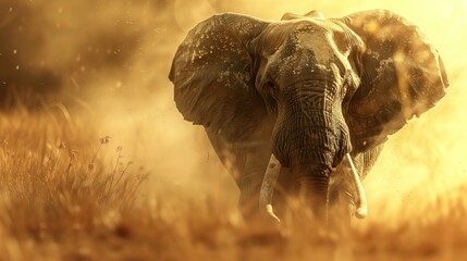 Fototapeta premium Majestic Elephant Walking Through Golden Grassland Dust Creating Atmospheric Effect