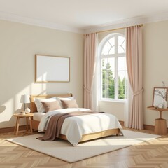 Fototapeta premium Serene Modern Bedroom Interior Design Wooden Bed Neutral Tones Natural Light