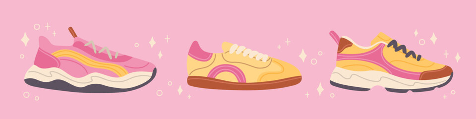 Sneakers illustration set. Modern trendy fitness shoes. Casual male and female footwear. Stylish sportswear flat cartoon collection. Vector design elements