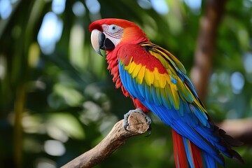 A colorful parrot with vibrant feathers, perched on a branch with a bright beak