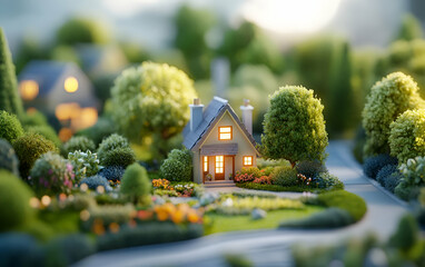 A cozy house surrounded by vibrant flowers and lush trees, creating a serene and inviting atmosphere.