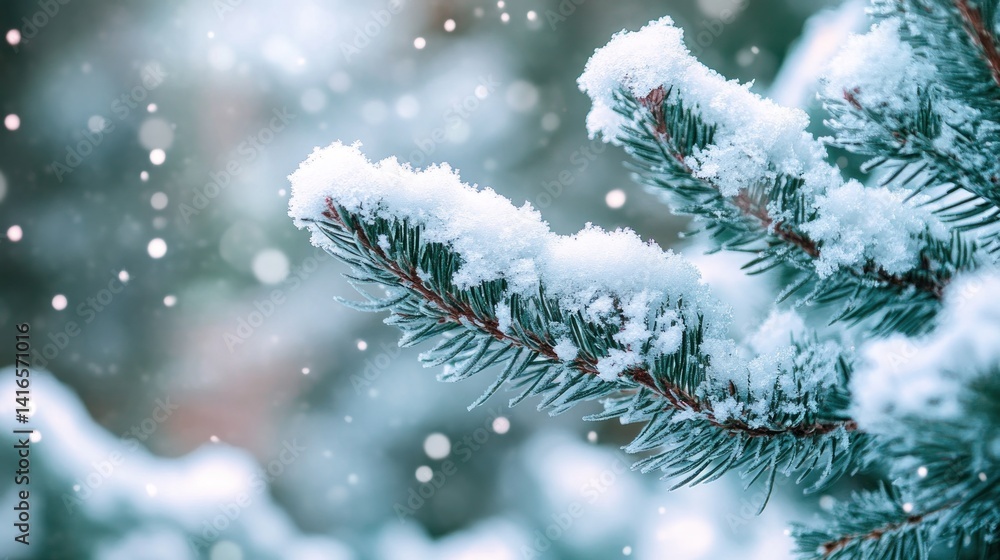 Poster a captivating macro shot of a snow-covered pine branch glistening in the winter air creating a tranq