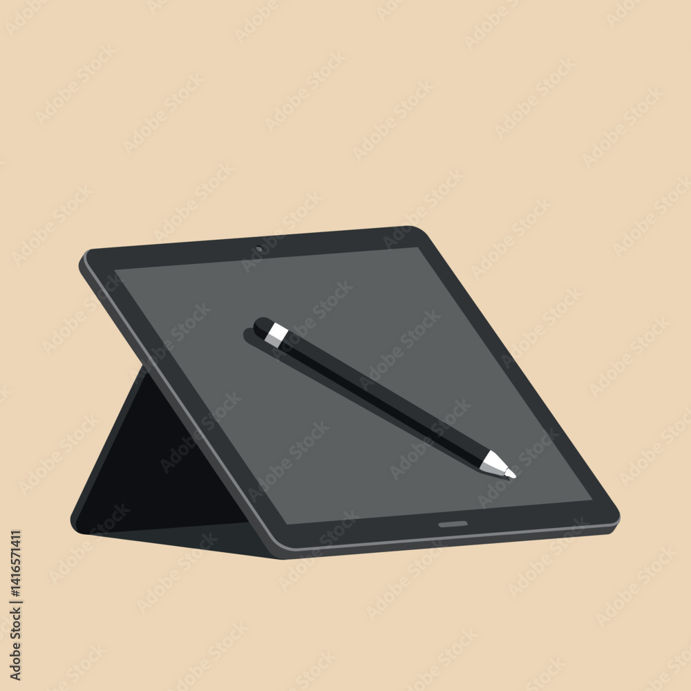 Poster digital tablet with stylus pen resting on angled stand in flat minimal design vector illustration