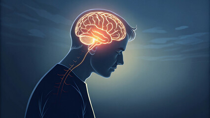 Digital illustration of man with trigeminal nerve headache, glowing pain pathway
