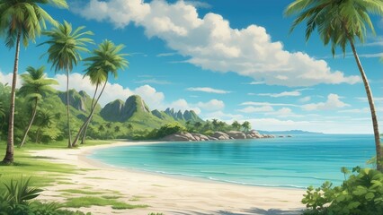A serene tropical beach scene featuring a calm turquoise lagoon bordered by soft white sand