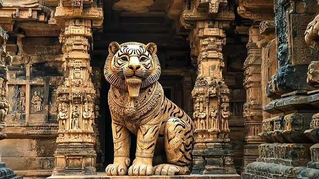 Majestic tiger statue in an ancient temple surrounded by intricately carved stone pillars