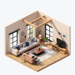 Modern Minimalist Living Room Interior Design Isometric View of Cozy Apartment Space