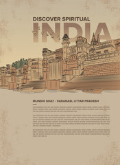 Munshi Ghat, Varanasi, Uttar Pradesh vintage poster. India famous monument the sacred River Ganges, Varanasi.
