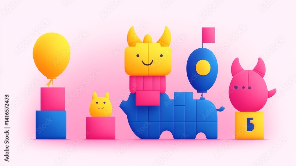 Poster imaginative voxel characters in a colorful playful arrangement creating a whimsical and cheerful atm